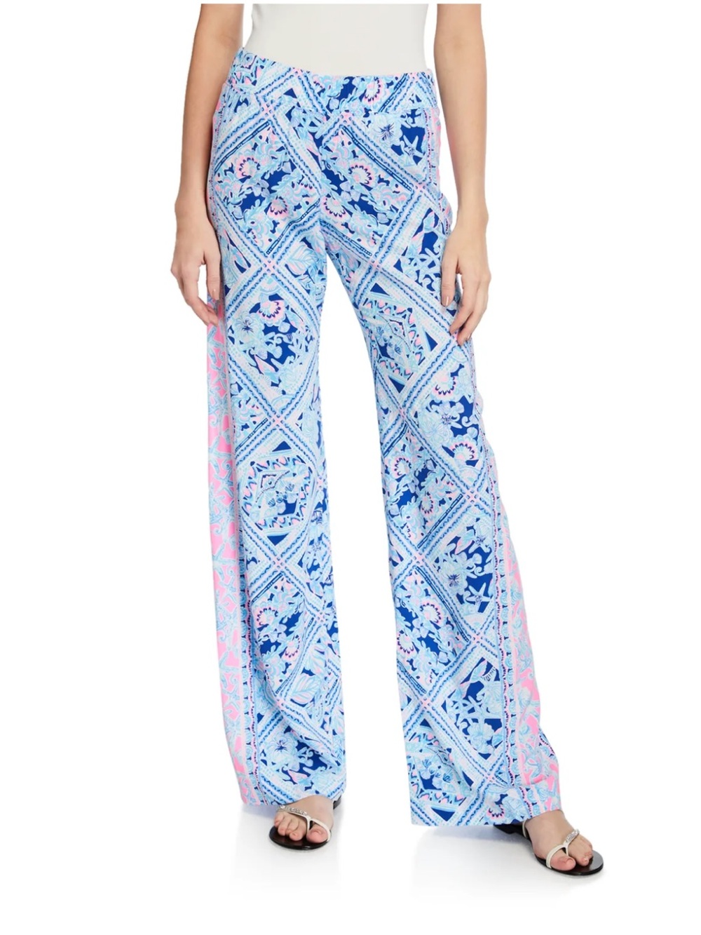 Lilly Pulitzer Wide-Leg Palazzo Pants in Blue and Pink Tile Print